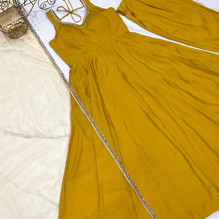 Lorenvalley Fashion Yellow Pure Romansilk Chanderi Fabric Yoke Fancy Lace Work Anarkali Kurta Pant With Dupatta Set