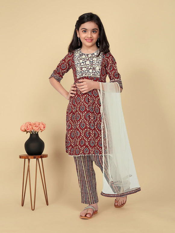 Divine Drape Girls Poly Cotton Maroon Embroidered Straight Kids Kurta Pant With Dupatta