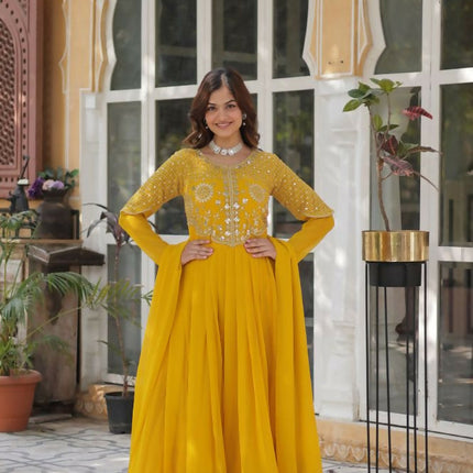 Aastha Fashion Yellow Faux Blooming Embroidery Work Party Wear Designer Gown
