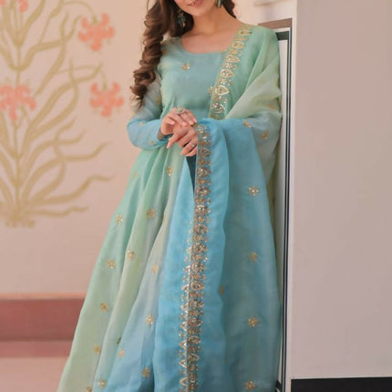 Aastha Fashion Sky Pedding Gold Organza Sequins-Multi & Zari Embroidered Work Party Wear Designer Gown