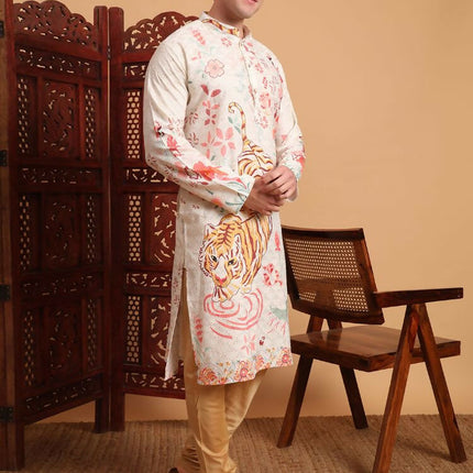 Off White Cotton Printed Chikankari Embroidery Work Kurta - Mahotsav