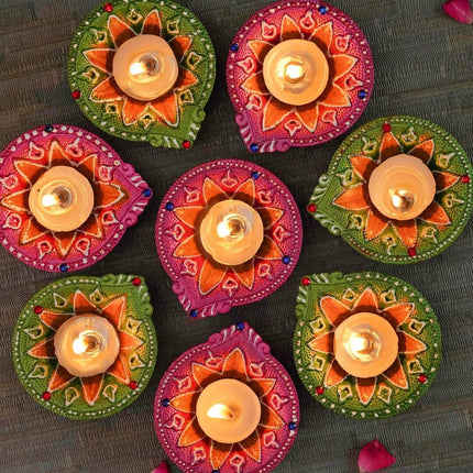 Tied Ribbons Green & Pink Set of 8 Terracotta Clay Diwali Diyas