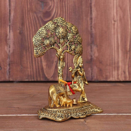 Chhariya Crafts Metal Krishna With Kamdhenu Cow