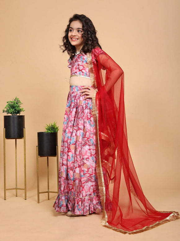 Divine Drape Girls Chinon Pink Printed Kids Lehenga Choli With Dupatta