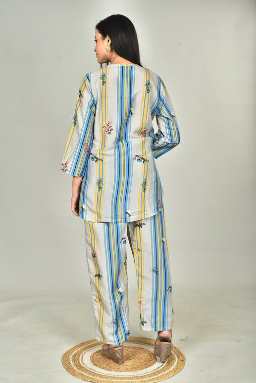 Morchari Digital Print Semi Muslin Co-Ord Set Top & Trouser-Multicolor