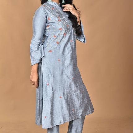 Morchari Women And Hand Embroidery Co-Ord Set-Grey