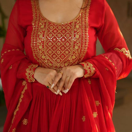 Aastha Fashion Red Faux Blooming Embroidery Zari Sequins-work Party Wear Designer Gown