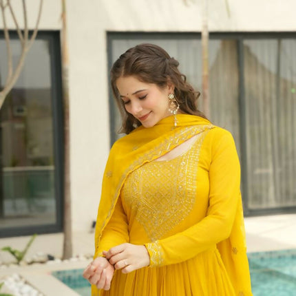 Aastha Fashion Yellow Faux Blooming Embroidery Zari Sequins-work Party Wear Designer Gown