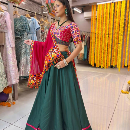 Aastha Fashion Green Reyon Readymade Mirror Lace Semi Stitched Wedding Wear Lehenga Choli