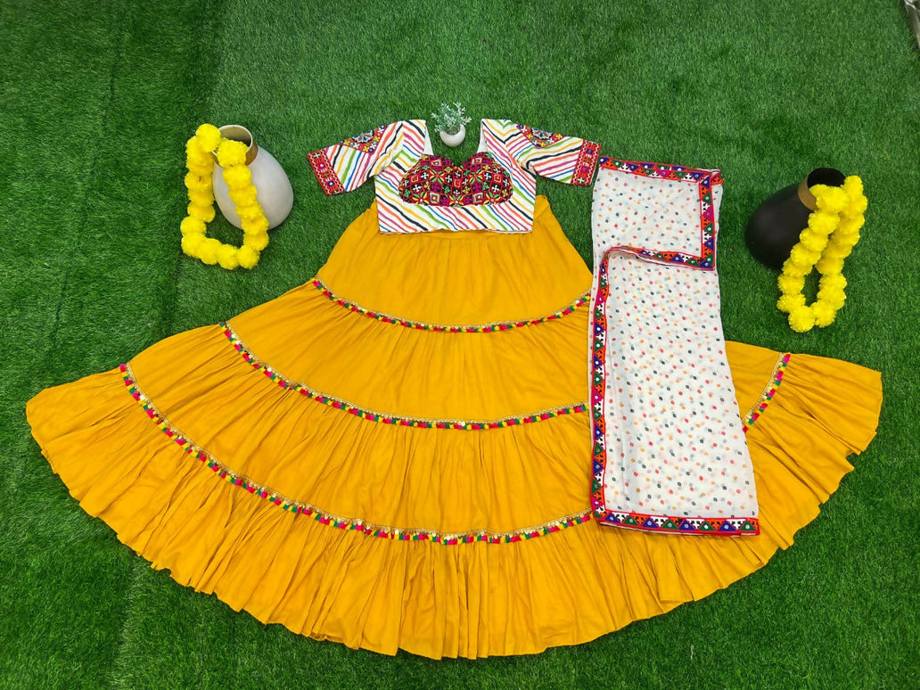 Aastha Fashion Yellow Rayon Readymade Lace Semi Stitched Wedding Wear Lehenga Choli