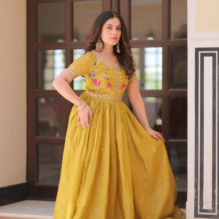 Aastha Fashion Yellow Gold Crush Multi Thread Embroidery Zari Sequins-Work Party Wear Designer Gown