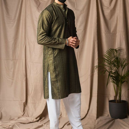 Mehandi Green Rayon Thread Embroidery Work Kurta Set - Mahotsav