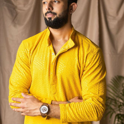 Light Yellow Rayon Thread Embroidery Work Kurta Set - Mahotsav