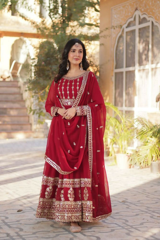 Aastha Fashion Maroon Faux Blooming Embroidery Zari Sequins-work Party Wear Designer Gown