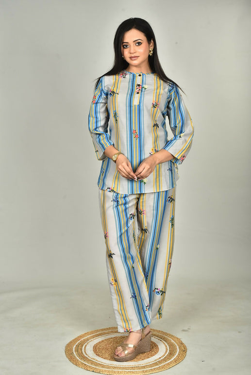 Morchari Digital Print Semi Muslin Co-Ord Set Top & Trouser-Multicolor