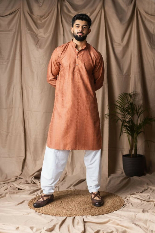 Reddish Orange Rayon Thread Embroidery Work Kurta Set - Mahotsav