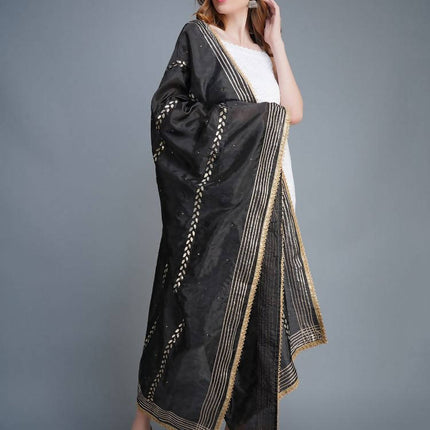 Shehnaai Black Artsilk Dupatta With Sarwoski And Gota Aari Embroidery
