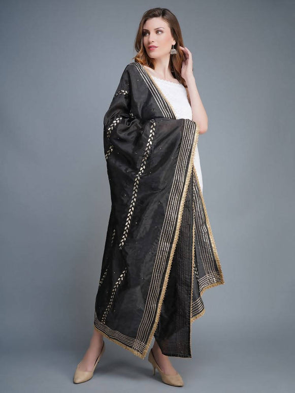 Shehnaai Black Artsilk Dupatta With Sarwoski And Gota Aari Embroidery