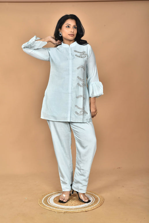 Morchari Women Hand Embroidery Co-Ords-Light Blue