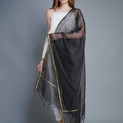 Shehnaai Chanderi Silk Dupatta In Black Colour With A Golden Woven Border