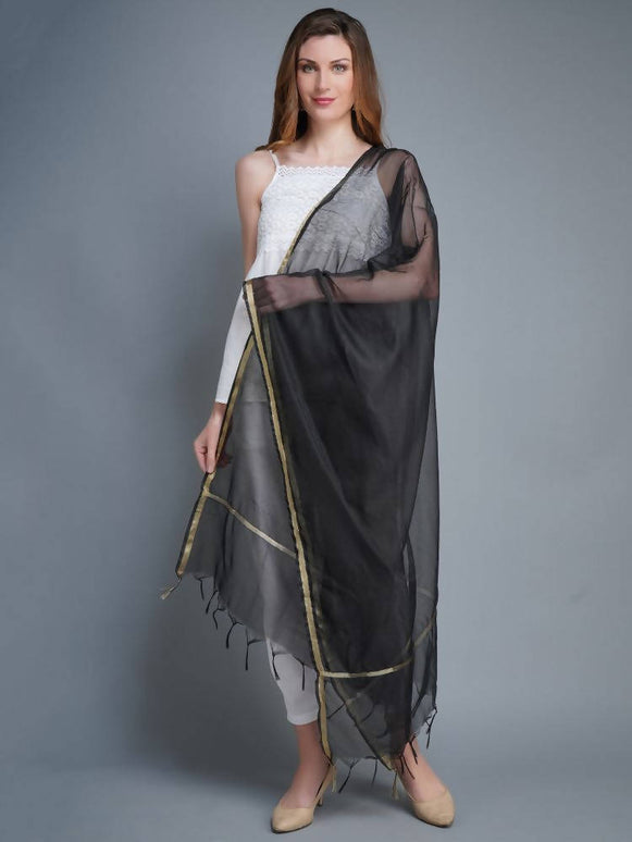 Shehnaai Chanderi Silk Dupatta In Black Colour With A Golden Woven Border