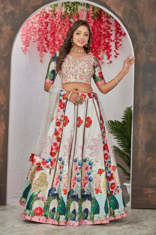 Aastha Fashion Off White Medonna Silk Heavy Digital Print Semi Stitched Wedding Wear Lehenga Choli