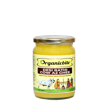 Organicbite Desi Rathi Cow A2 Ghee | Vedic Bilona Method, Curd-Churned Excellence in Grass-Fed Rathi Cow Ghee,Pure & Healthy, Packed in Glass Jar