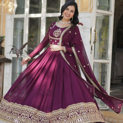 Aastha Fashion Wine Faux Blooming Georgette Sequins Embroidered work Party Wear Designer Gown