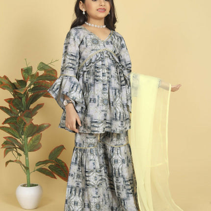 Divine Drape Girls Muslin Grey Printed Straight Kids Kurta Sharara With Dupatta