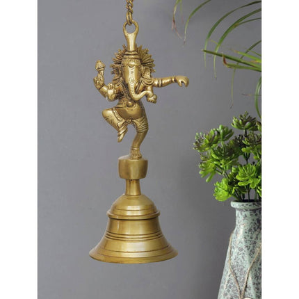 eCraftIndia Golden Brass Dancing Ganesha Idol Wall Hanging Bell With Chain