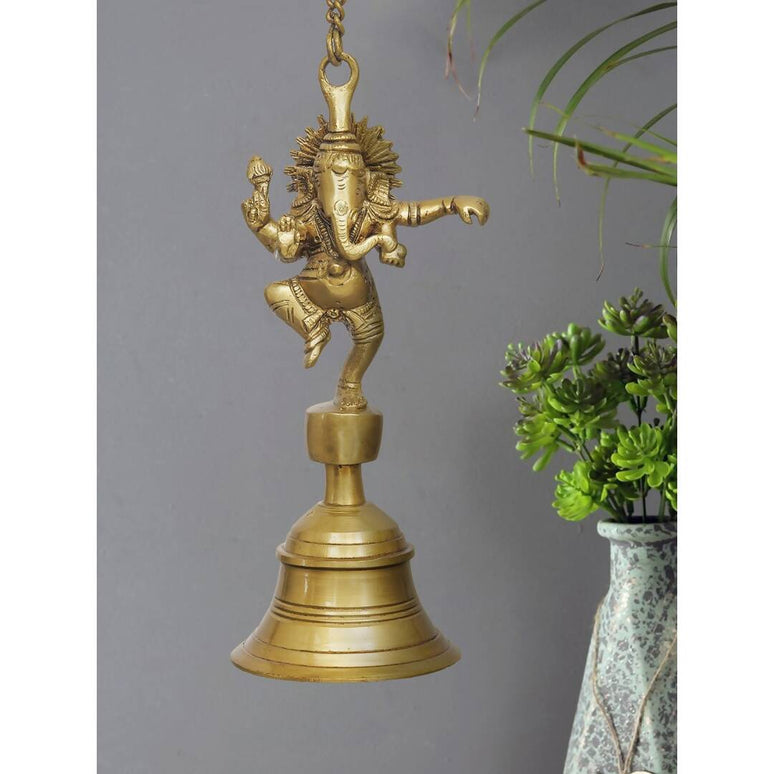 eCraftIndia Golden Brass Dancing Ganesha Idol Wall Hanging Bell With Chain