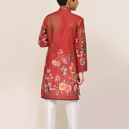 Joban Fashion Cotton Red Kurta With Straight Fit Pant