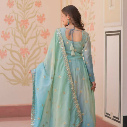 Aastha Fashion Sky Pedding Gold Organza Sequins-Multi & Zari Embroidered Work Party Wear Designer Gown