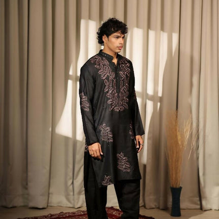 Black Greek Satin Designer Embroidery Work Kurta Set - Mahotsav