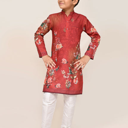 Joban Fashion Cotton Red Kurta With Straight Fit Pant