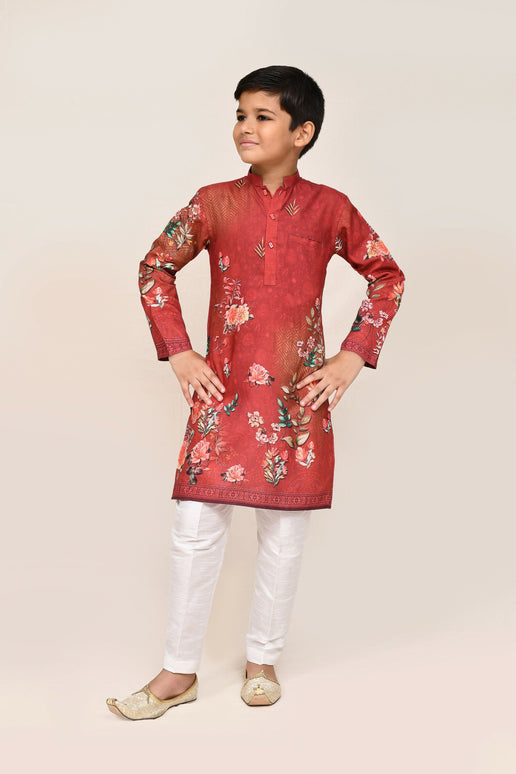 Joban Fashion Cotton Red Kurta With Straight Fit Pant