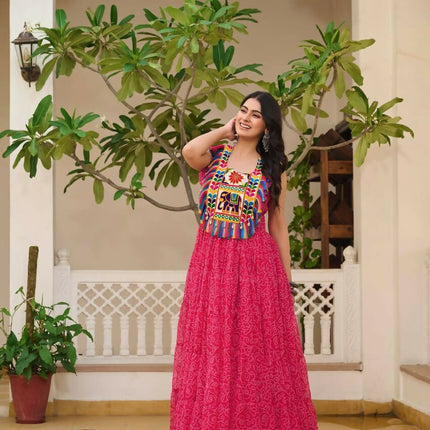 Aastha Fashion Magenta Faux Georgette Bandhani Print Navratri Designer Gown Collection