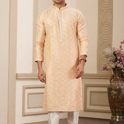 Raivat Ethnic Men's Art Silk Thread Work Kurta Pyjama In Peach Colour