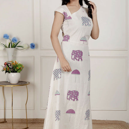 Miravan Womens Off-White Animal Printed Asymmetric Neck A-Line Maxi Dress