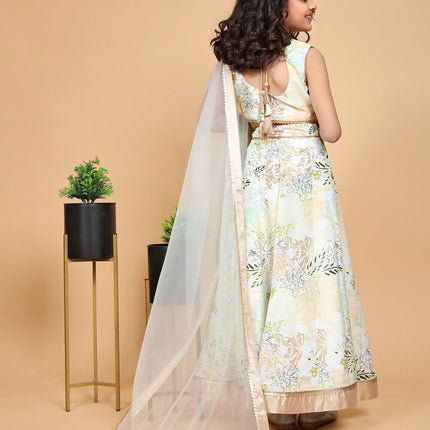 Divine Drape Girls Chinon Pista Printed Kids Lehenga Choli With Dupatta