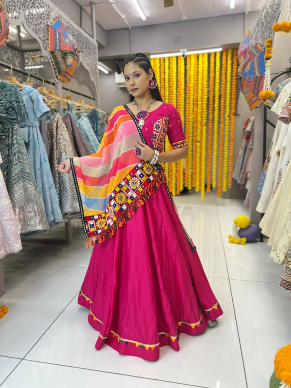 Aastha Fashion Rani Rayon Multi Colour Samosa Lace Semi Stitched Wedding Wear Lehenga Choli