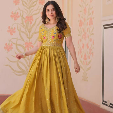 Aastha Fashion Yellow Gold Crush Multi Thread Embroidery Zari Sequins-Work Party Wear Designer Gown