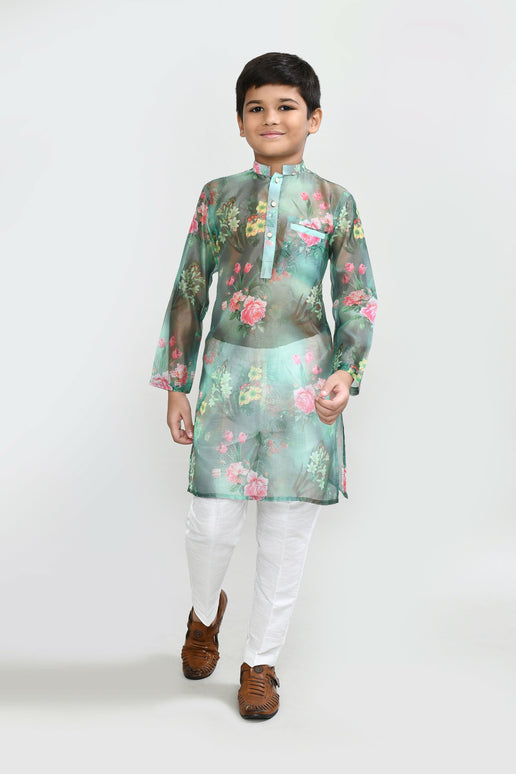 Joban Fashion GrorgetteGreenKurta With Straight Fit Pant