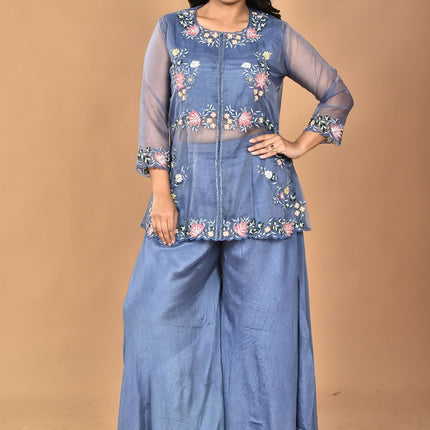 Morchari Women And Hand Embroidery Palazzo Set-Grey