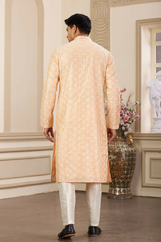 Raivat Ethnic Men's Art Silk Thread Work Kurta Pyjama In Peach Colour