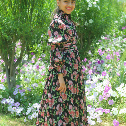 LH Luxury Fashion Runway Rose Long Shirred Dress – Elegant Black Flared Dress for Girls