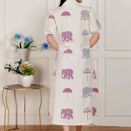 Miravan Womens Flex Cotton Short Sleeve Off White Animal Print A-Line Maxi Dress