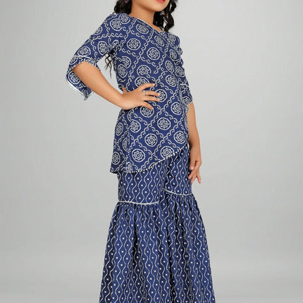 Divine Drape Girls Rayon Blue Printed Straight Kids Kurta Sharara With Dupatta