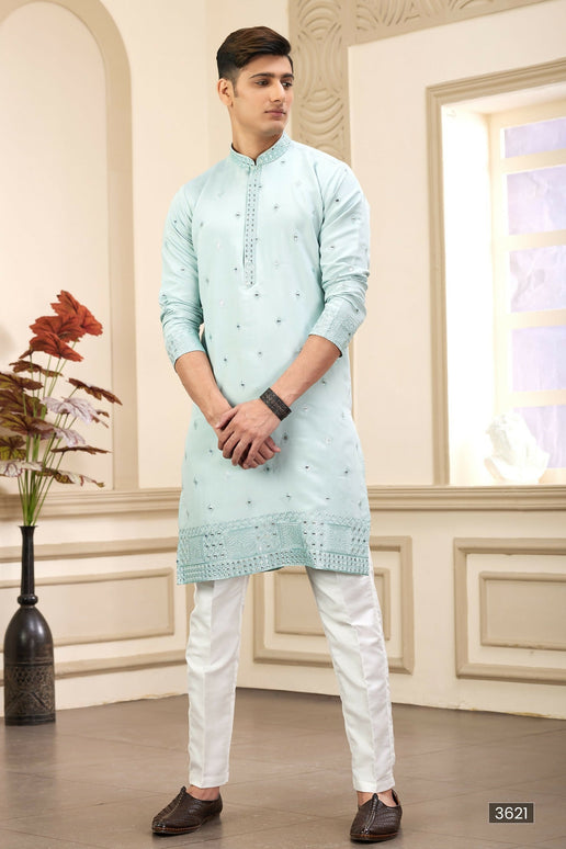 Raivat Ethnic Men's Art Silk Thread Work Kurta Pyjama In Pista Green Colour