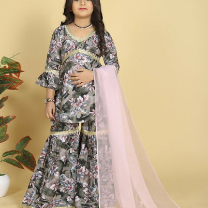 Divine Drape Girls Muslin Grey Printed Straight Kids Kurta Sharara With Dupatta